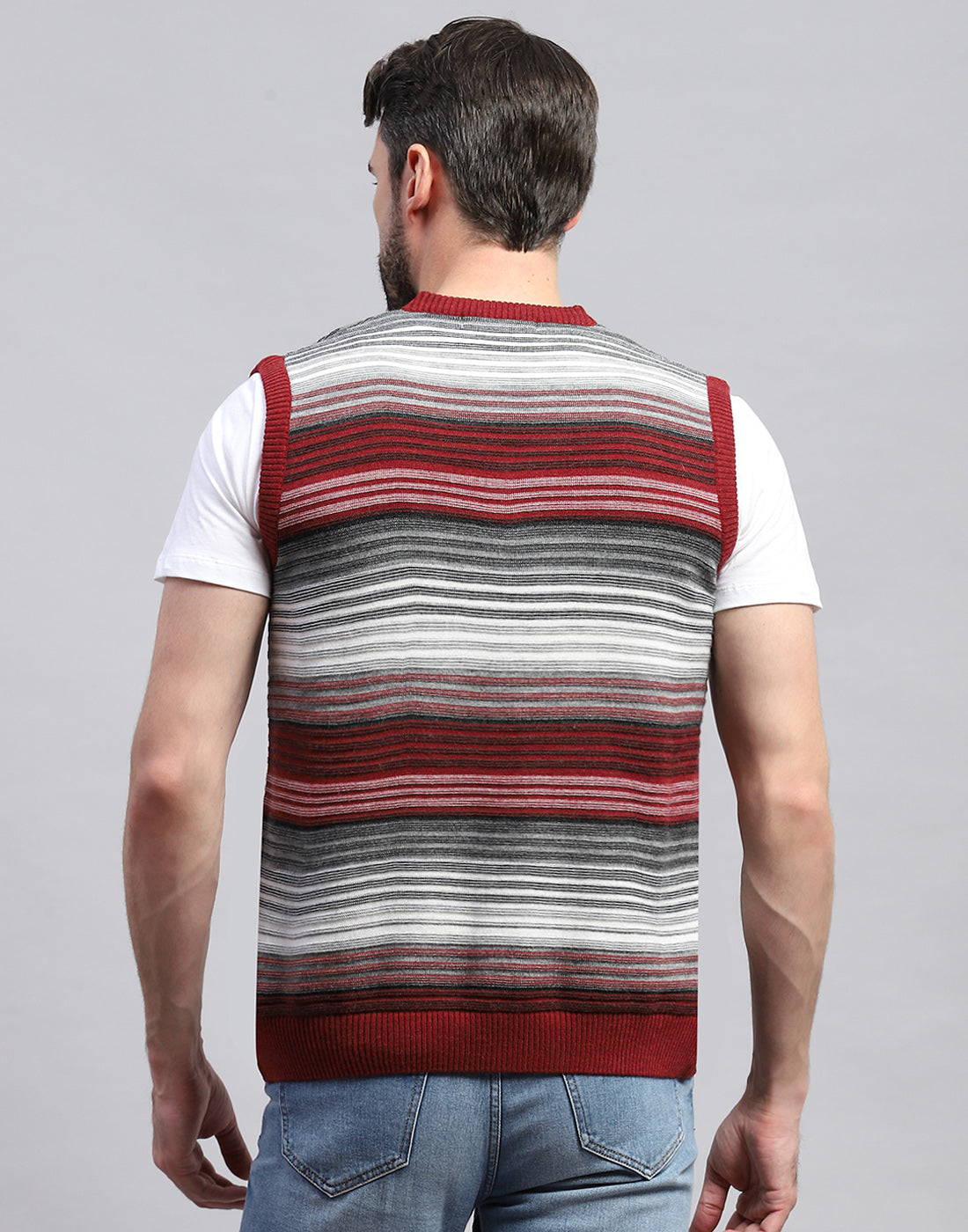 Men Red Stripe V Neck Sleeveless Sweater