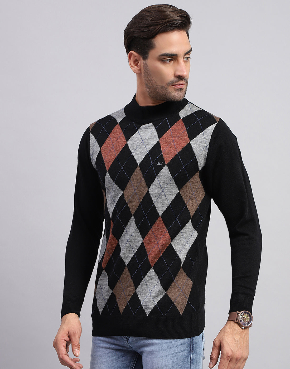 Men Black Self Design Turtle Neck Full Sleeve Pullover