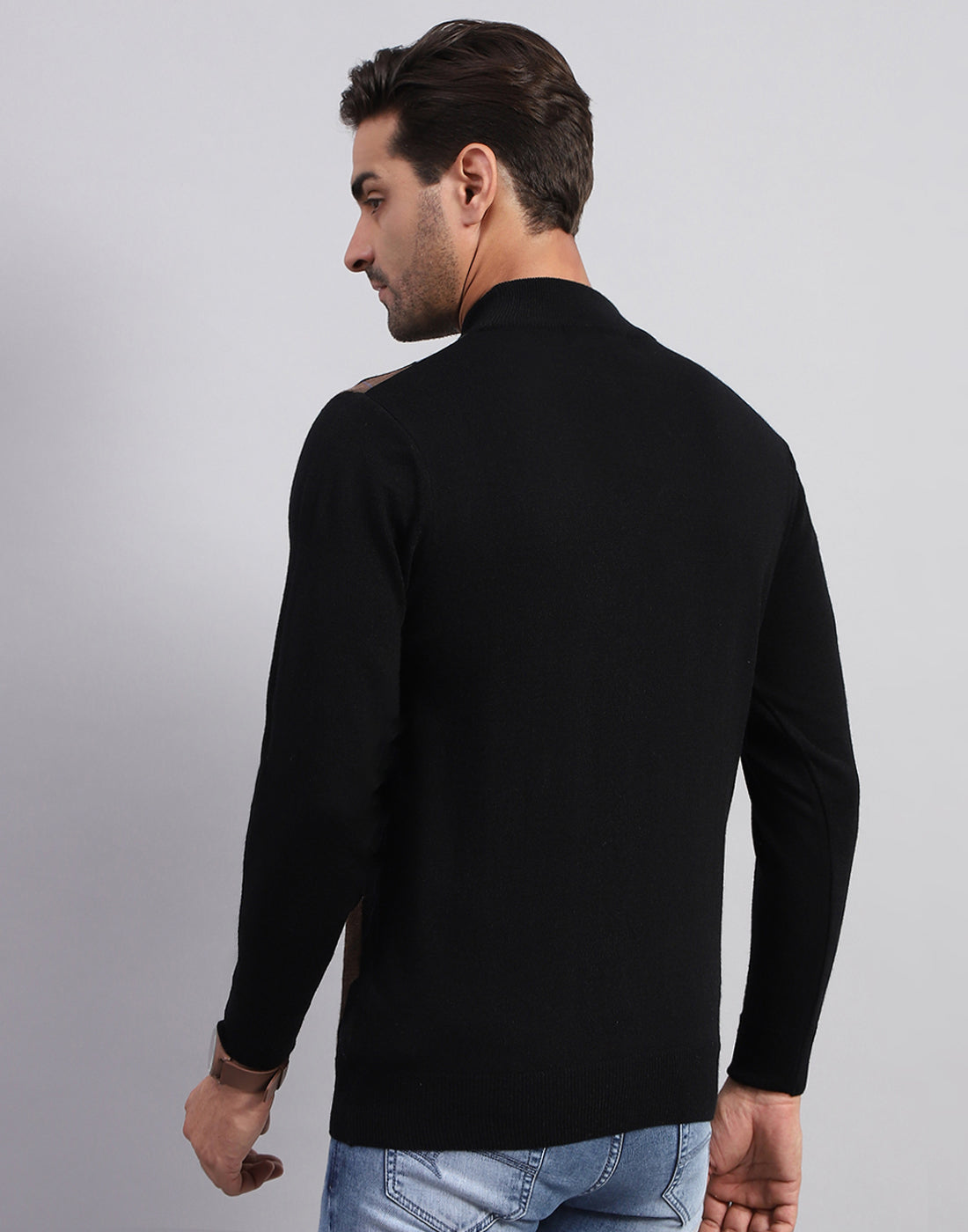 Men Black Self Design Turtle Neck Full Sleeve Pullover