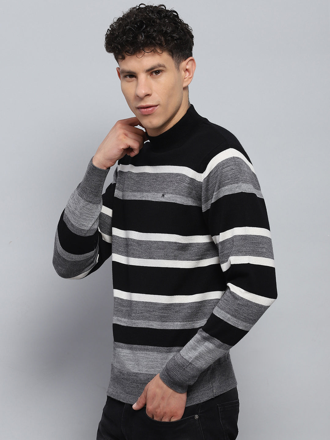 Men Grey Stripe Round Neck Full Sleeve Pullover