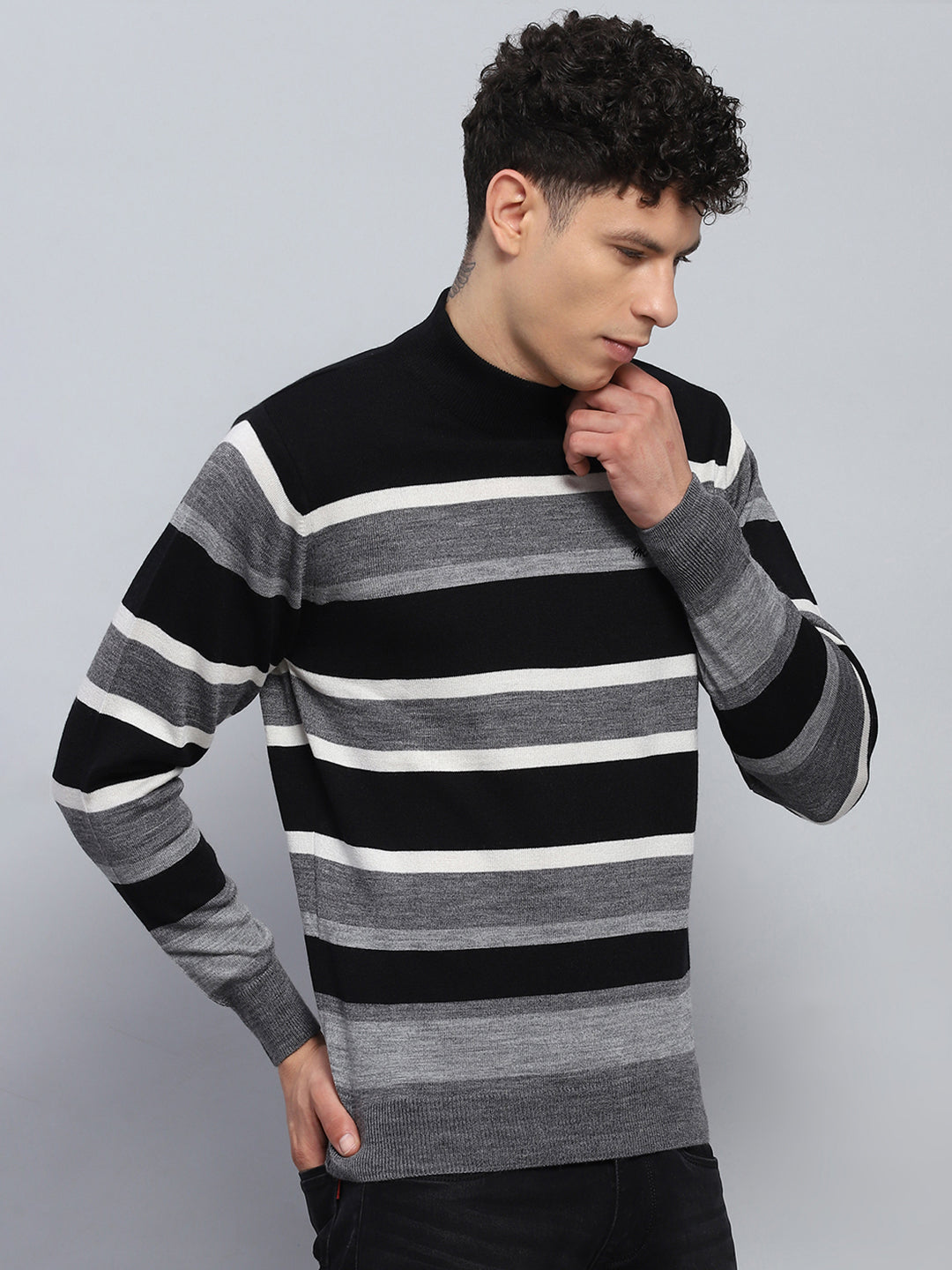 Men Grey Stripe Round Neck Full Sleeve Pullover