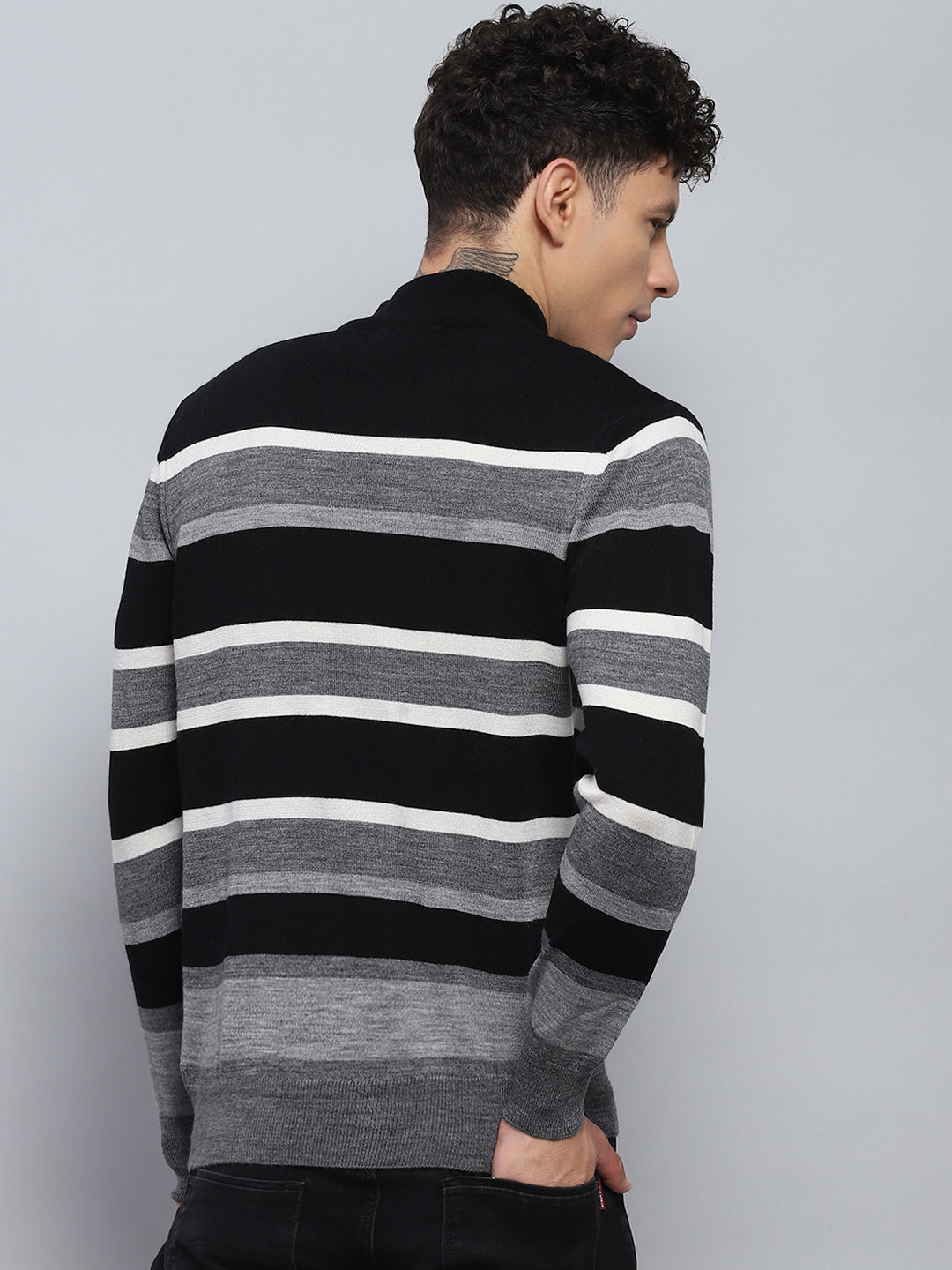 Men Grey Stripe Round Neck Full Sleeve Pullover