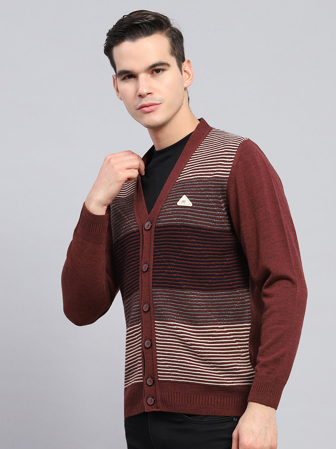 Men Maroon Stripe V Neck Full Sleeve Cardigan