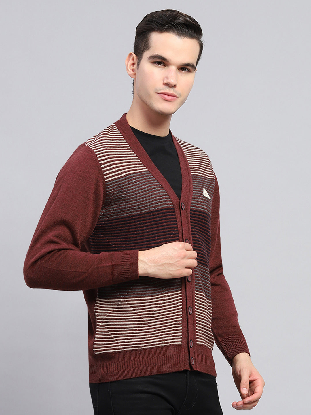 Men Maroon Stripe V Neck Full Sleeve Cardigan