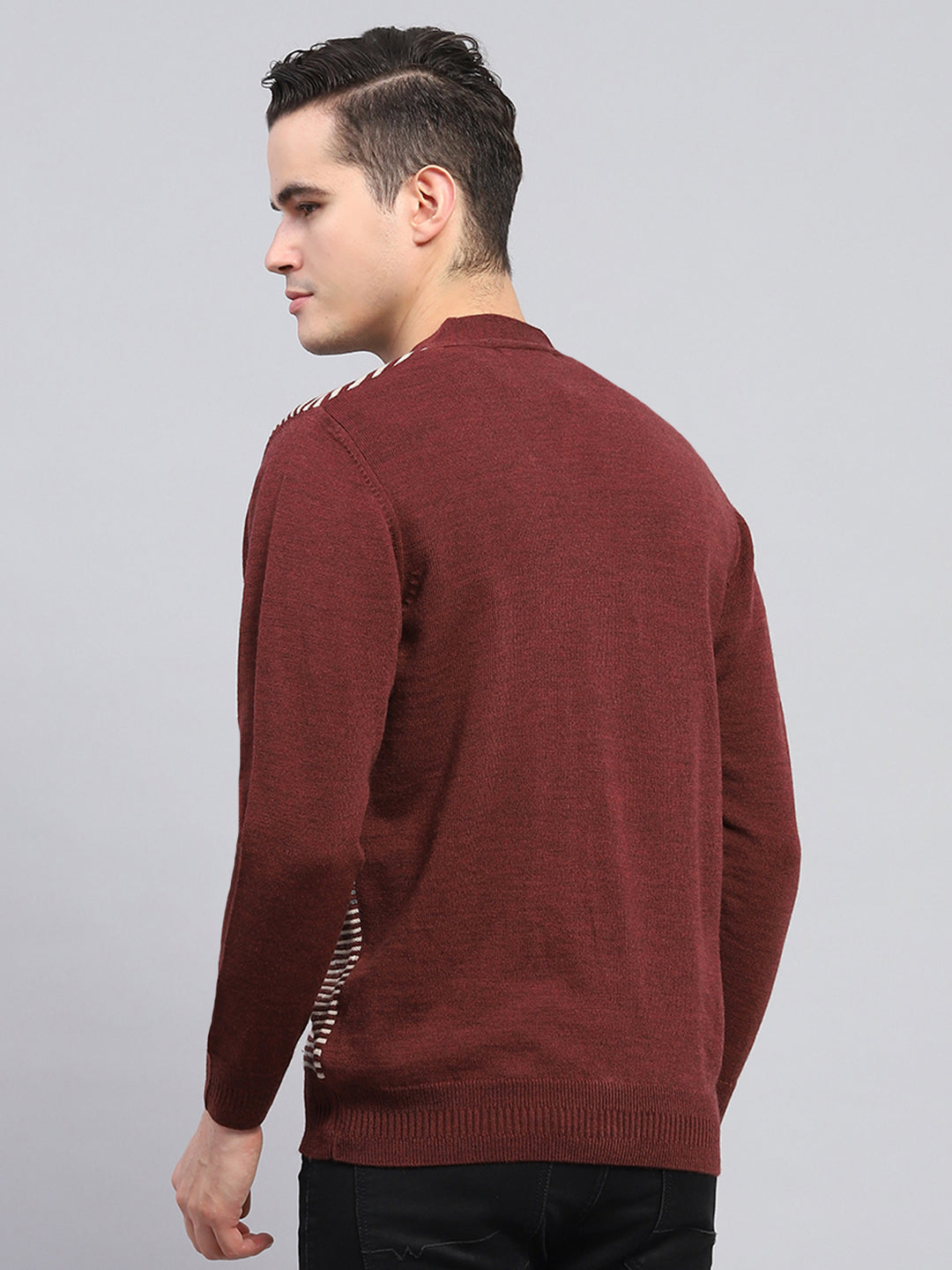 Men Maroon Stripe V Neck Full Sleeve Cardigan