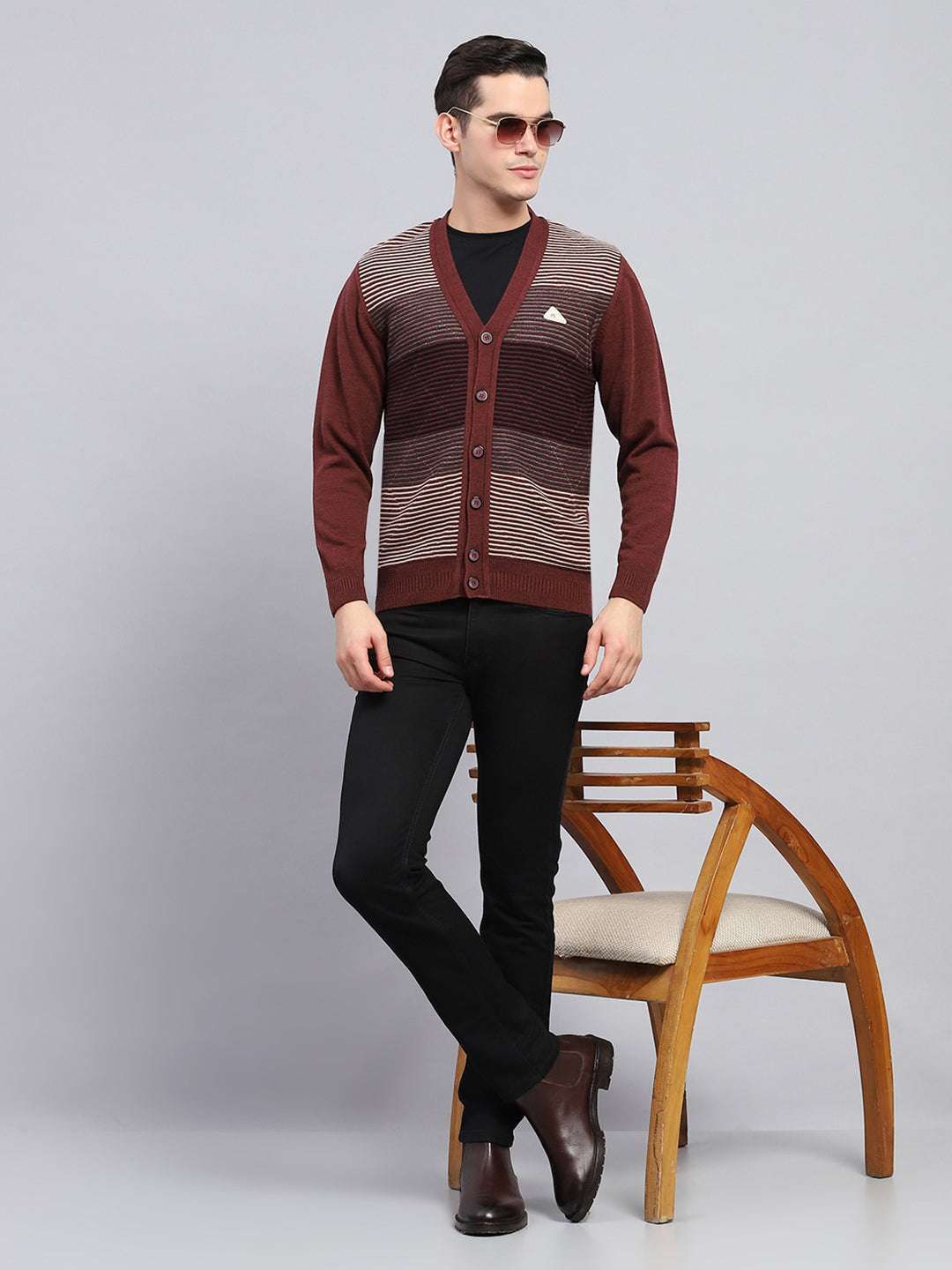 Men Maroon Stripe V Neck Full Sleeve Cardigan