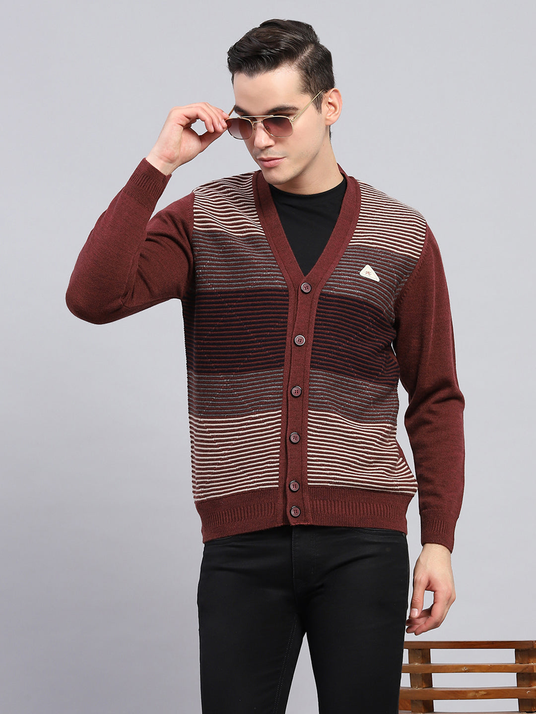 Men Maroon Stripe V Neck Full Sleeve Cardigan