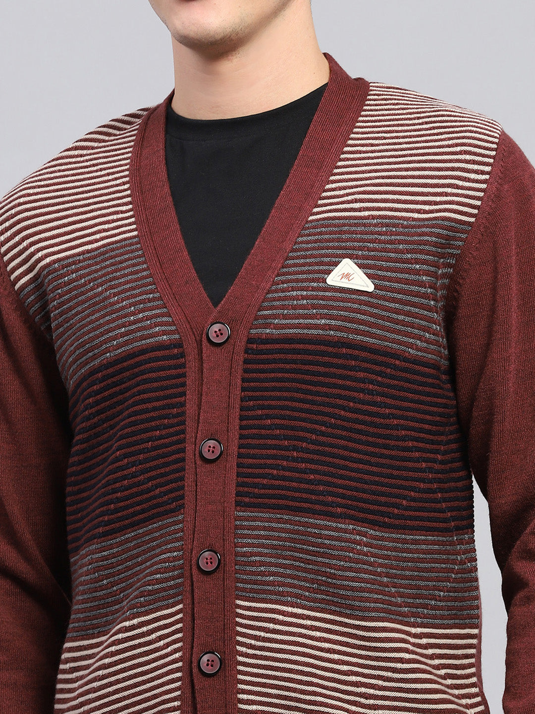 Men Maroon Stripe V Neck Full Sleeve Cardigan