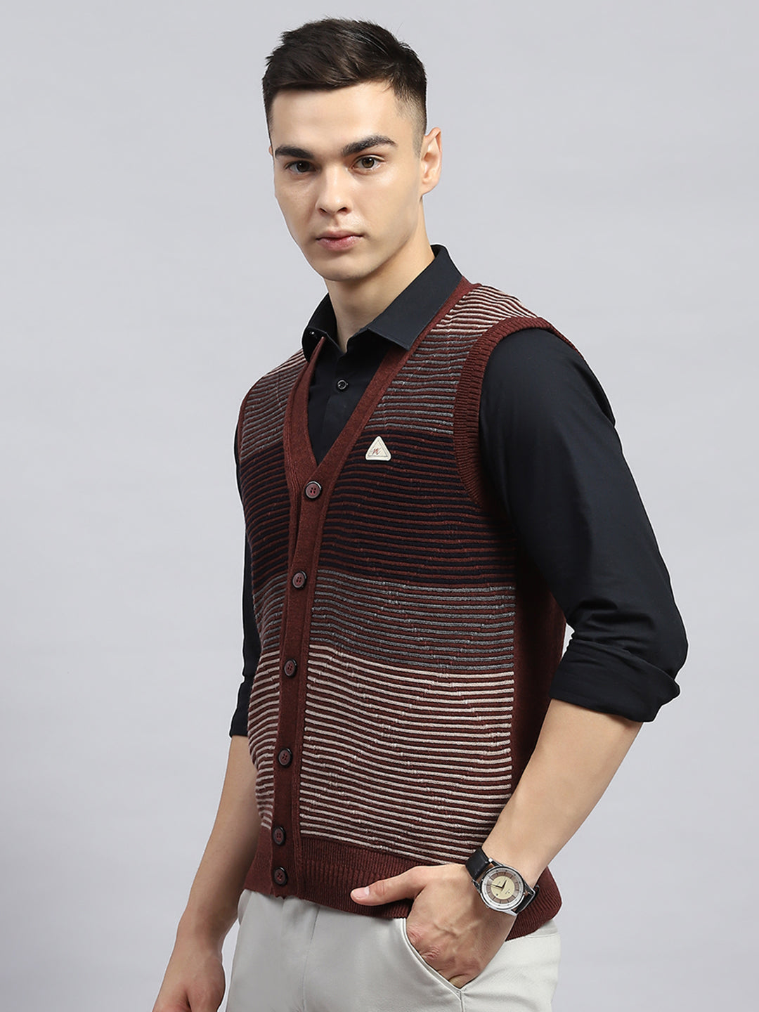 Men Rust Stripe V Neck Sleeveless Cardigan