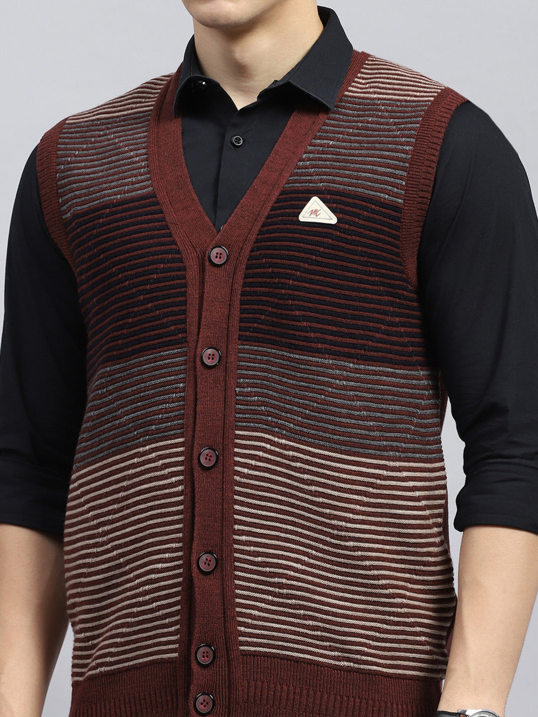 Men Rust Stripe V Neck Sleeveless Cardigan