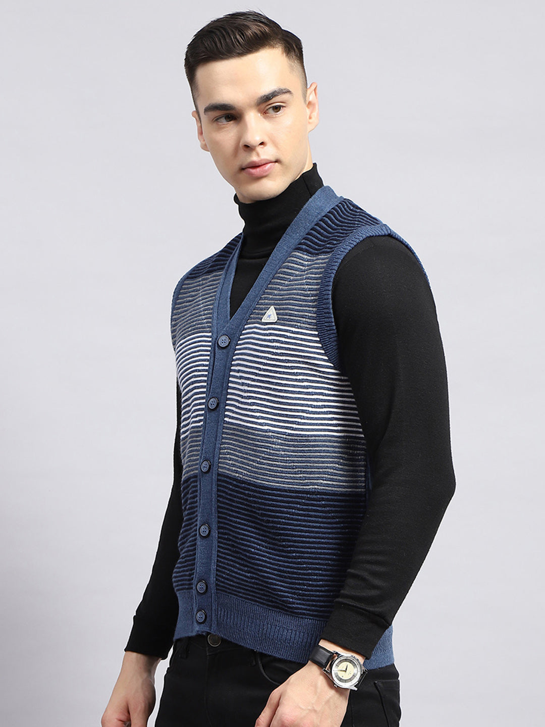 Men Blue Stripe V Neck Sleeveless Cardigan