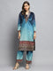 Women Sky Blue Self Design V Neck Full Sleeve Kurti Set with Bag