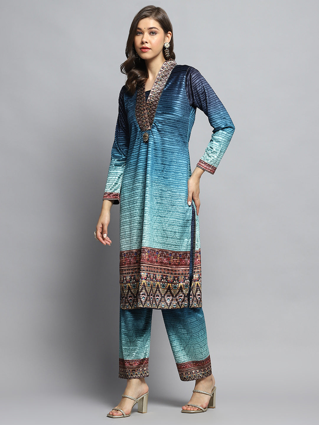 Women Sky Blue Self Design V Neck Full Sleeve Kurti Set with Bag