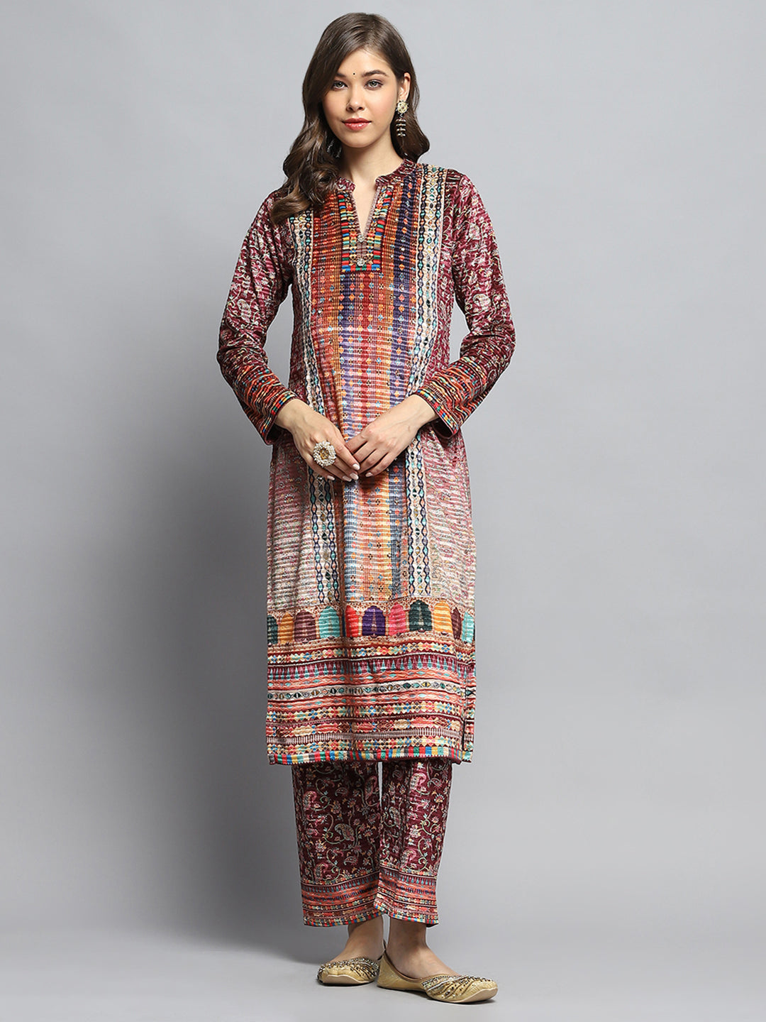 Women Multicolor Self Design Round Neck Full Sleeve Kurti Set with Bag