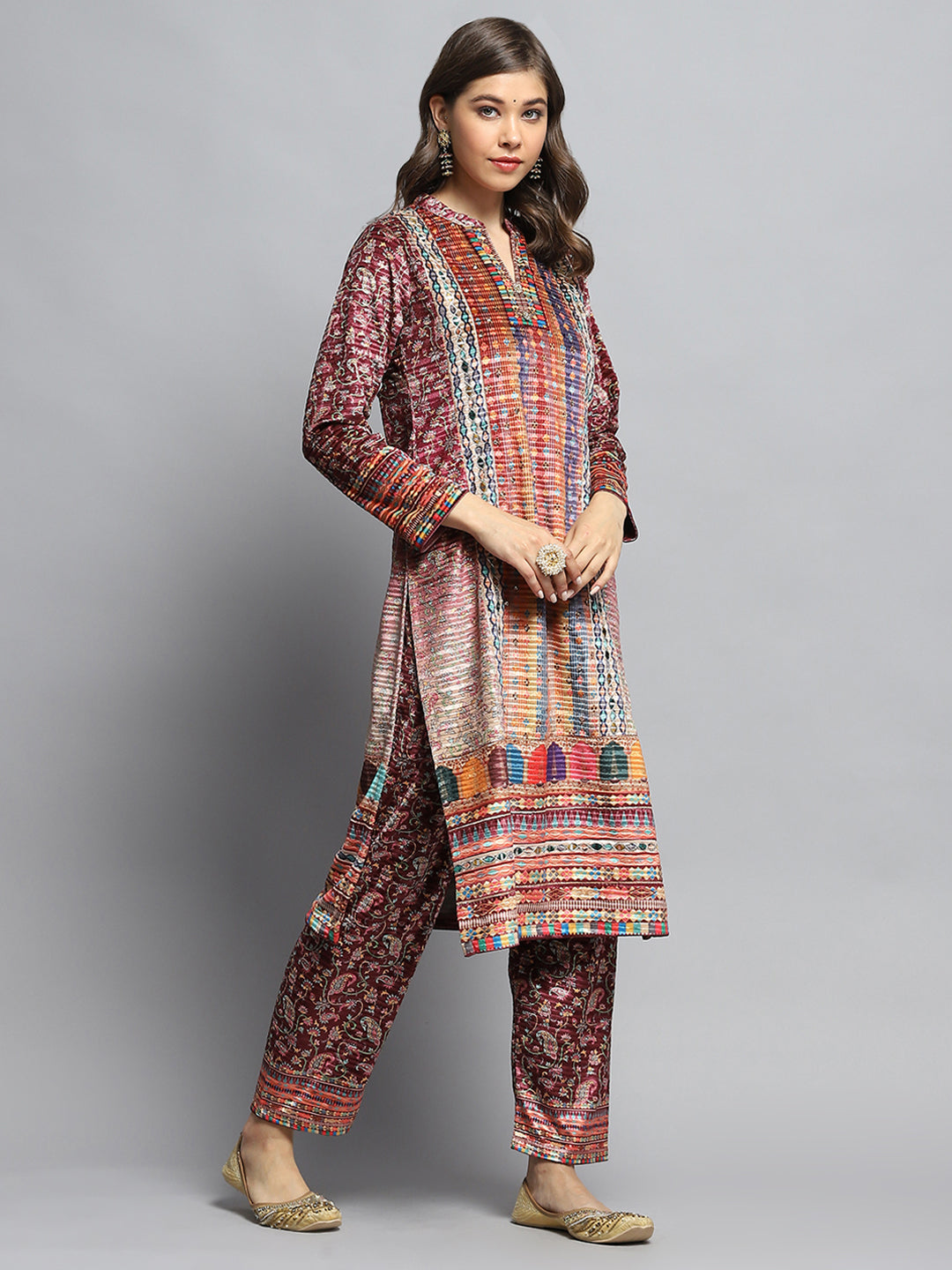 Women Multicolor Self Design Round Neck Full Sleeve Kurti Set with Bag