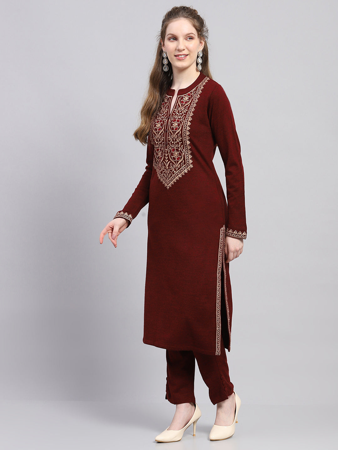 Women Maroon Embroidered Round Neck Full Sleeve Kurti Set for Winter