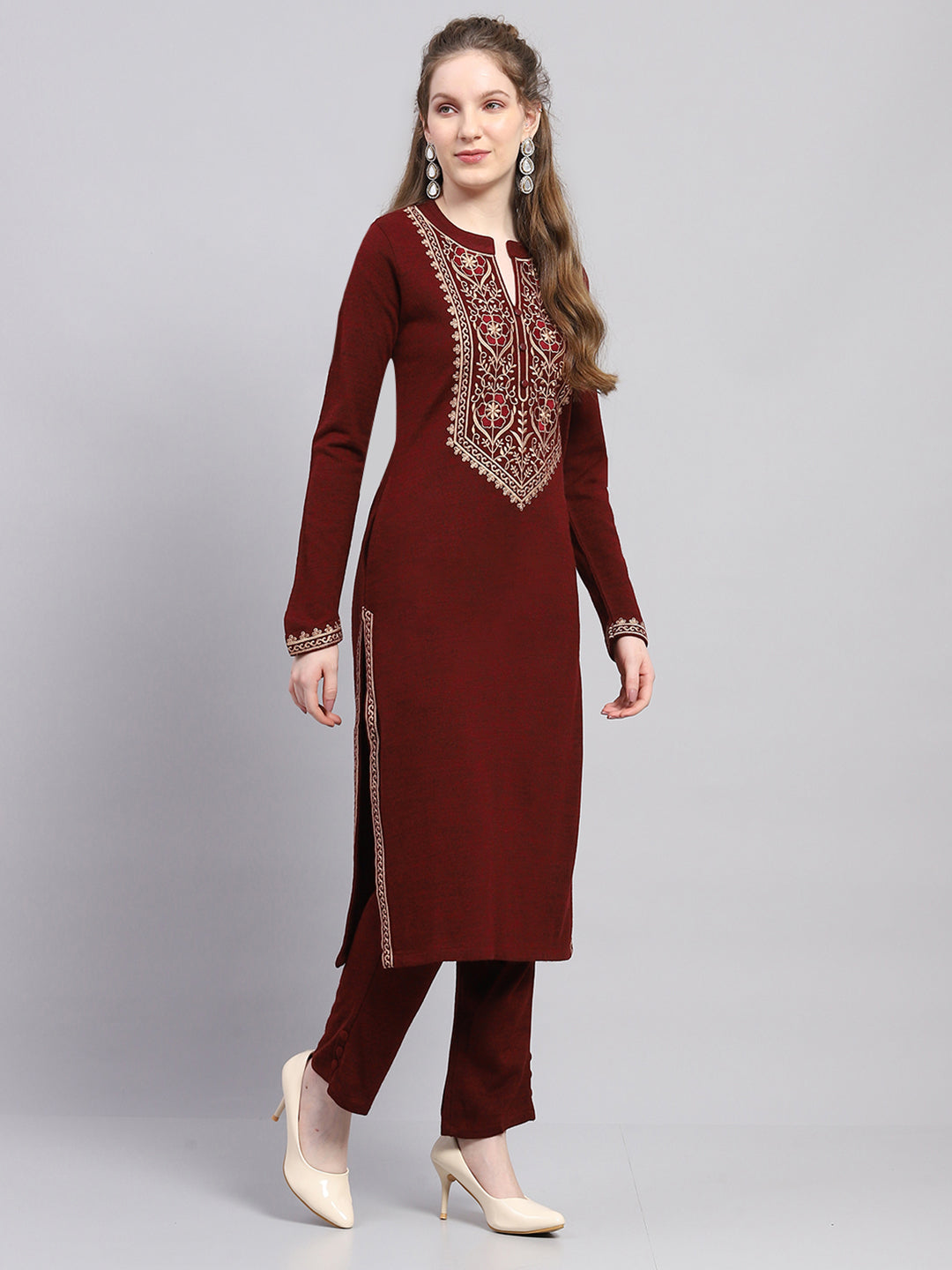 Women Maroon Embroidered Round Neck Full Sleeve Kurti Set for Winter