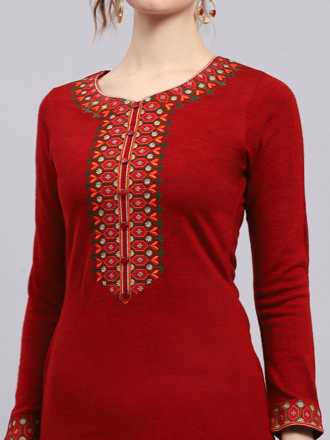 Women Maroon Printed Round Neck Full Sleeve Winter Kurti