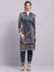 Women Blue Printed Round Neck 3/4th Sleeve Kurti Set for Winter