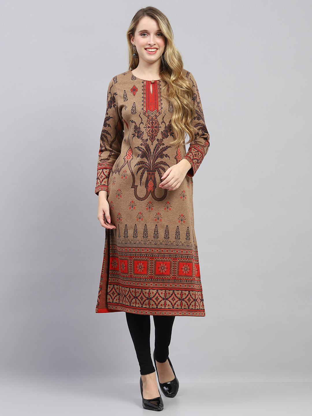 Women Brown Woven Design Round Neck Full Sleeve Winter Kurti