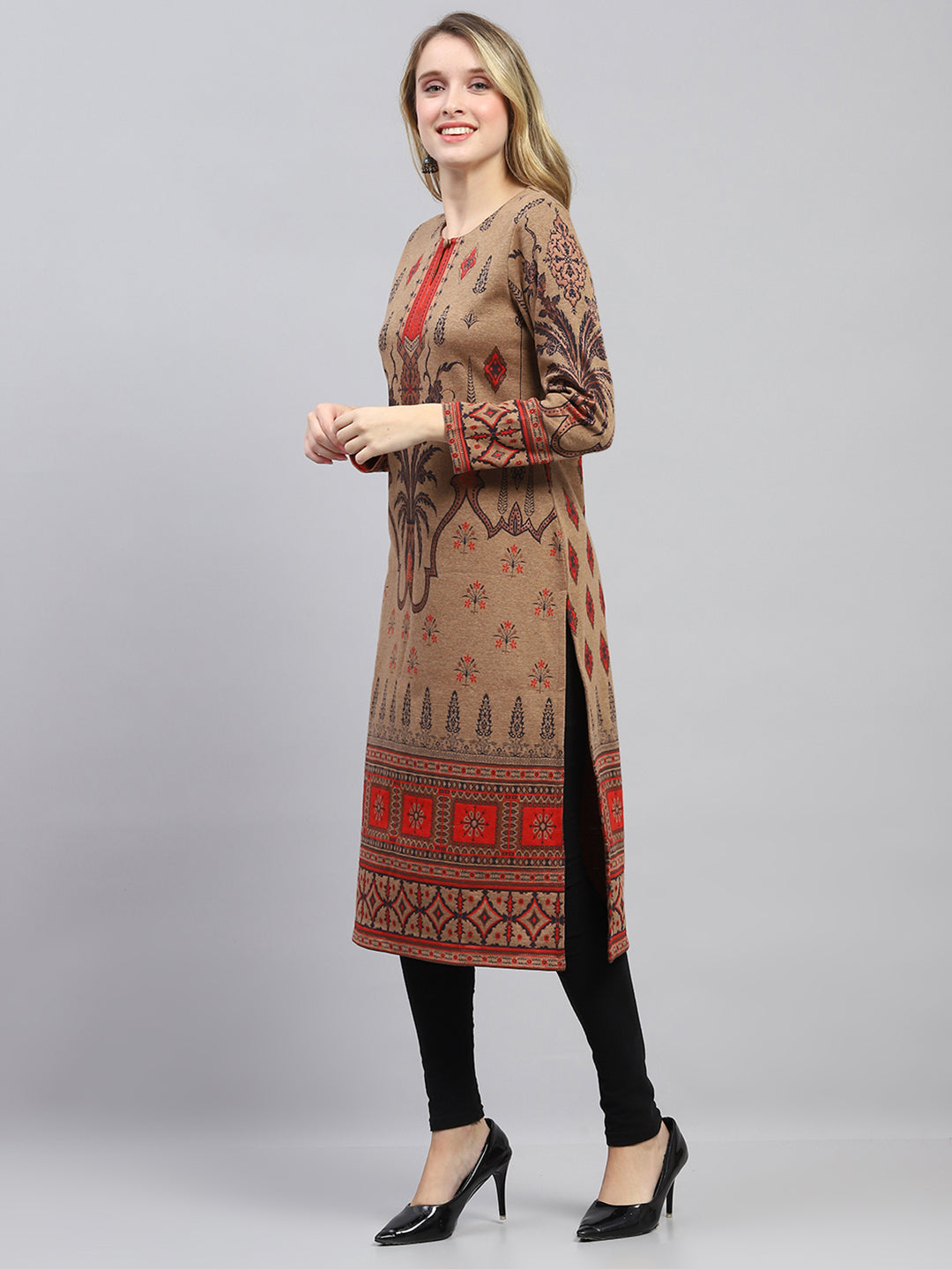 Women Brown Woven Design Round Neck Full Sleeve Winter Kurti