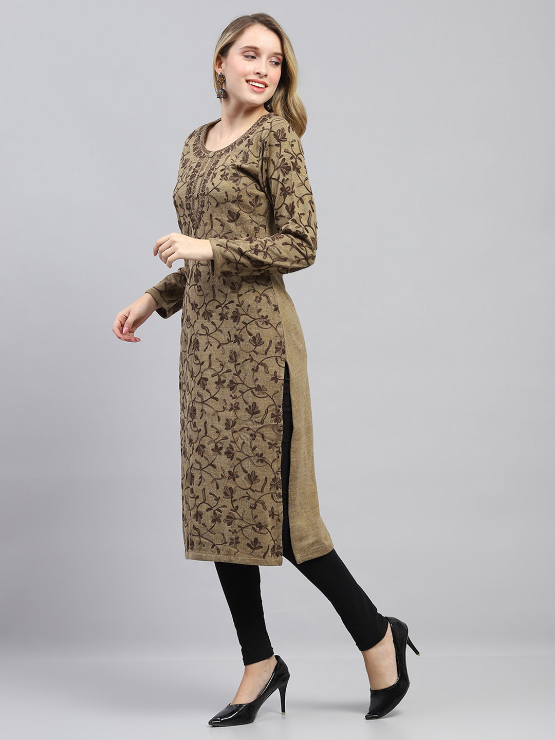 Women Khaki Woven Design Round Neck Full Sleeve Winter Kurti