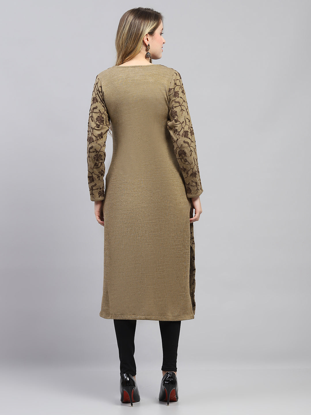 Women Khaki Woven Design Round Neck Full Sleeve Winter Kurti