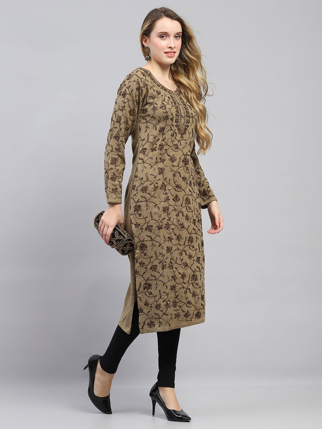 Women Khaki Woven Design Round Neck Full Sleeve Winter Kurti