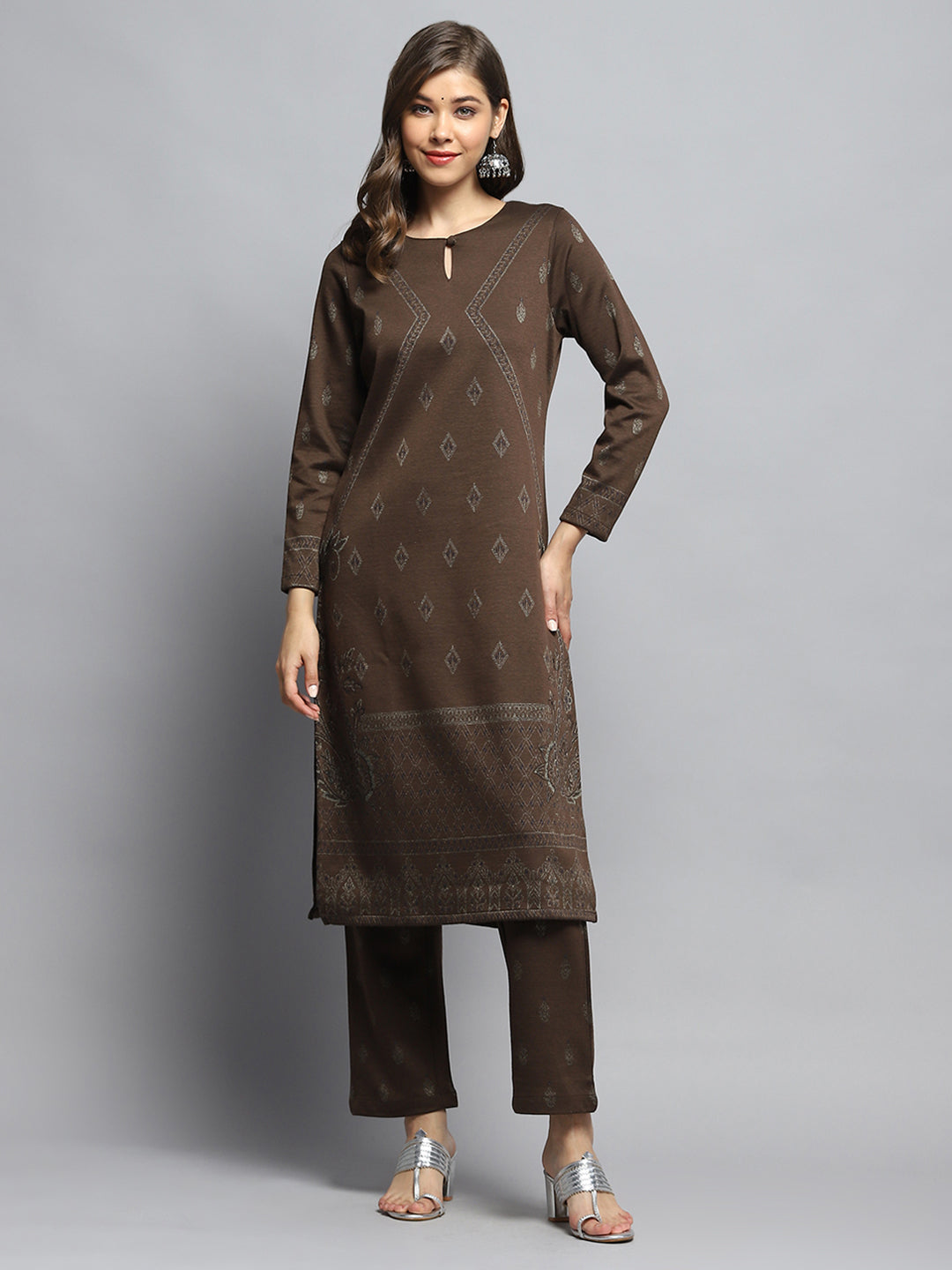 Women Brown Self Design Round Neck Full Sleeve Kurti Set