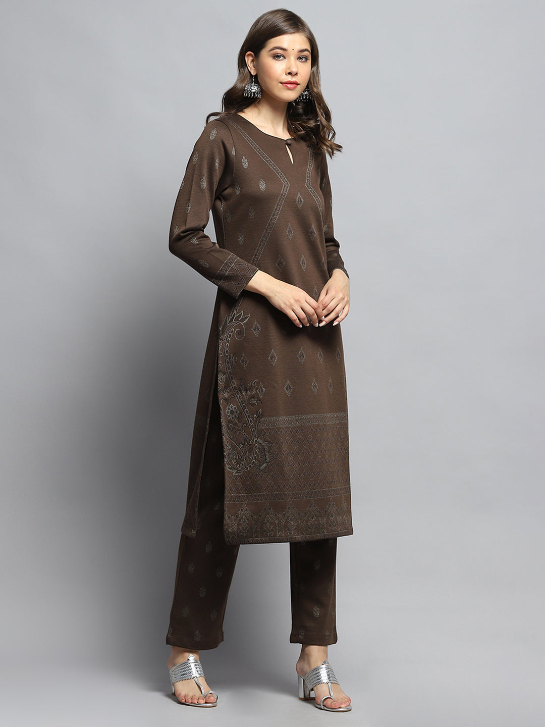 Women Brown Self Design Round Neck Full Sleeve Kurti Set