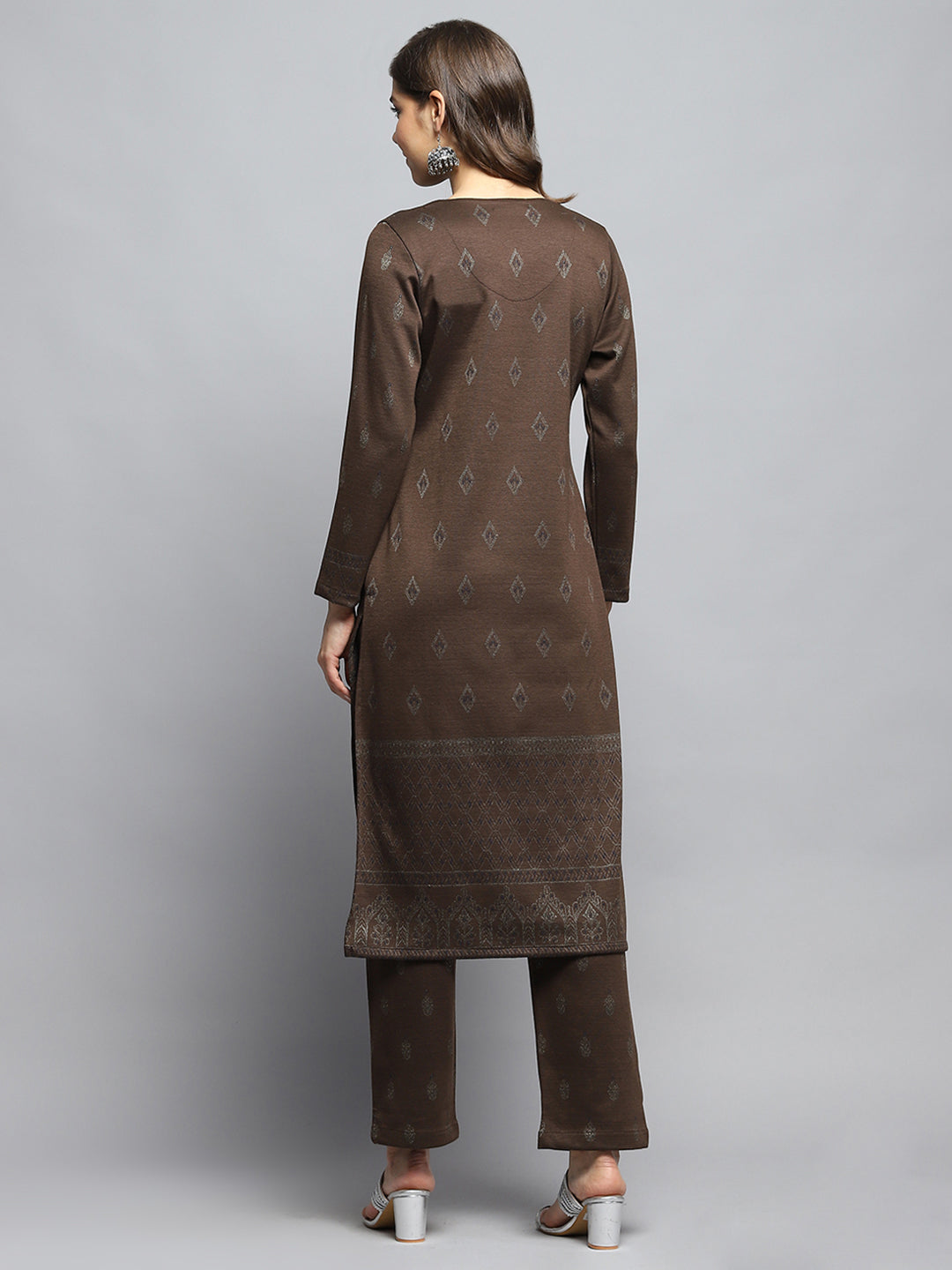 Women Brown Self Design Round Neck Full Sleeve Kurti Set