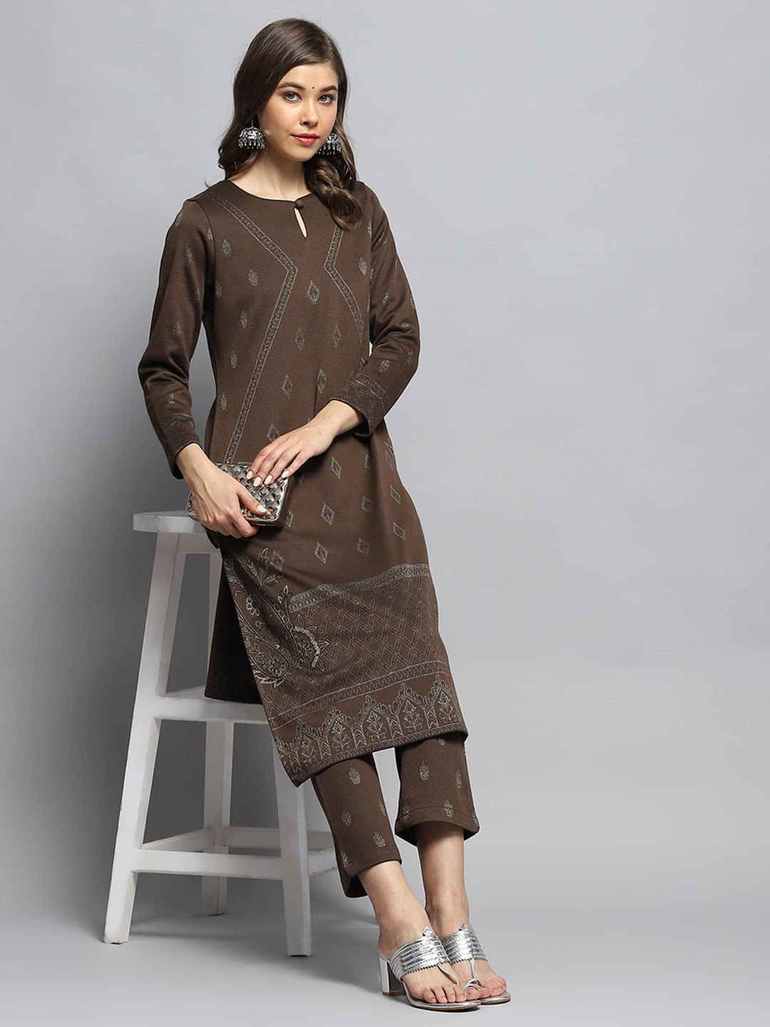 Women Brown Self Design Round Neck Full Sleeve Kurti Set