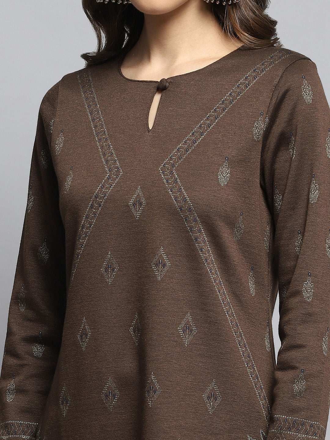 Women Brown Self Design Round Neck Full Sleeve Kurti Set