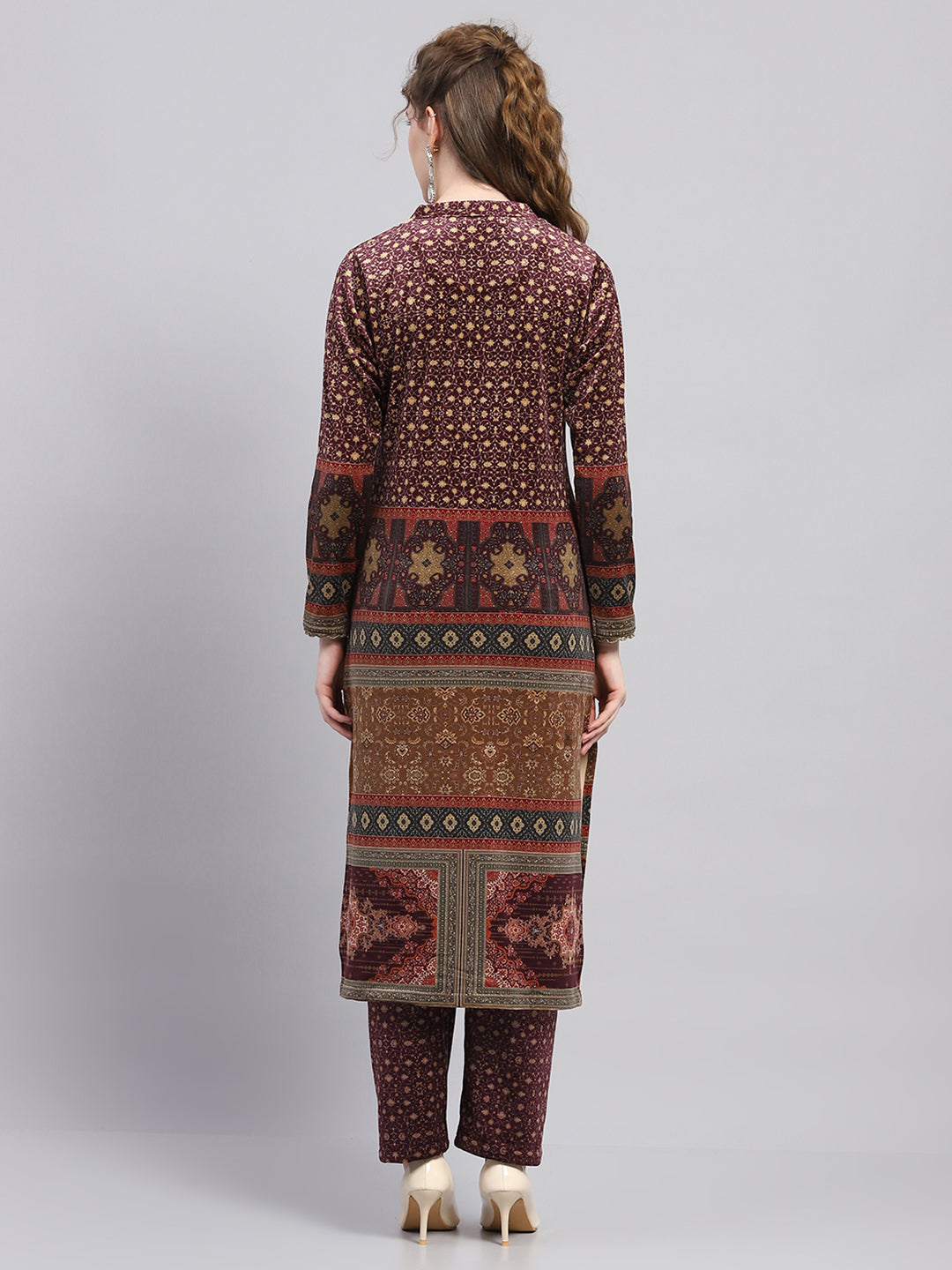 Women Maroon Printed Round Neck Full Sleeve Kurti Set for Winter