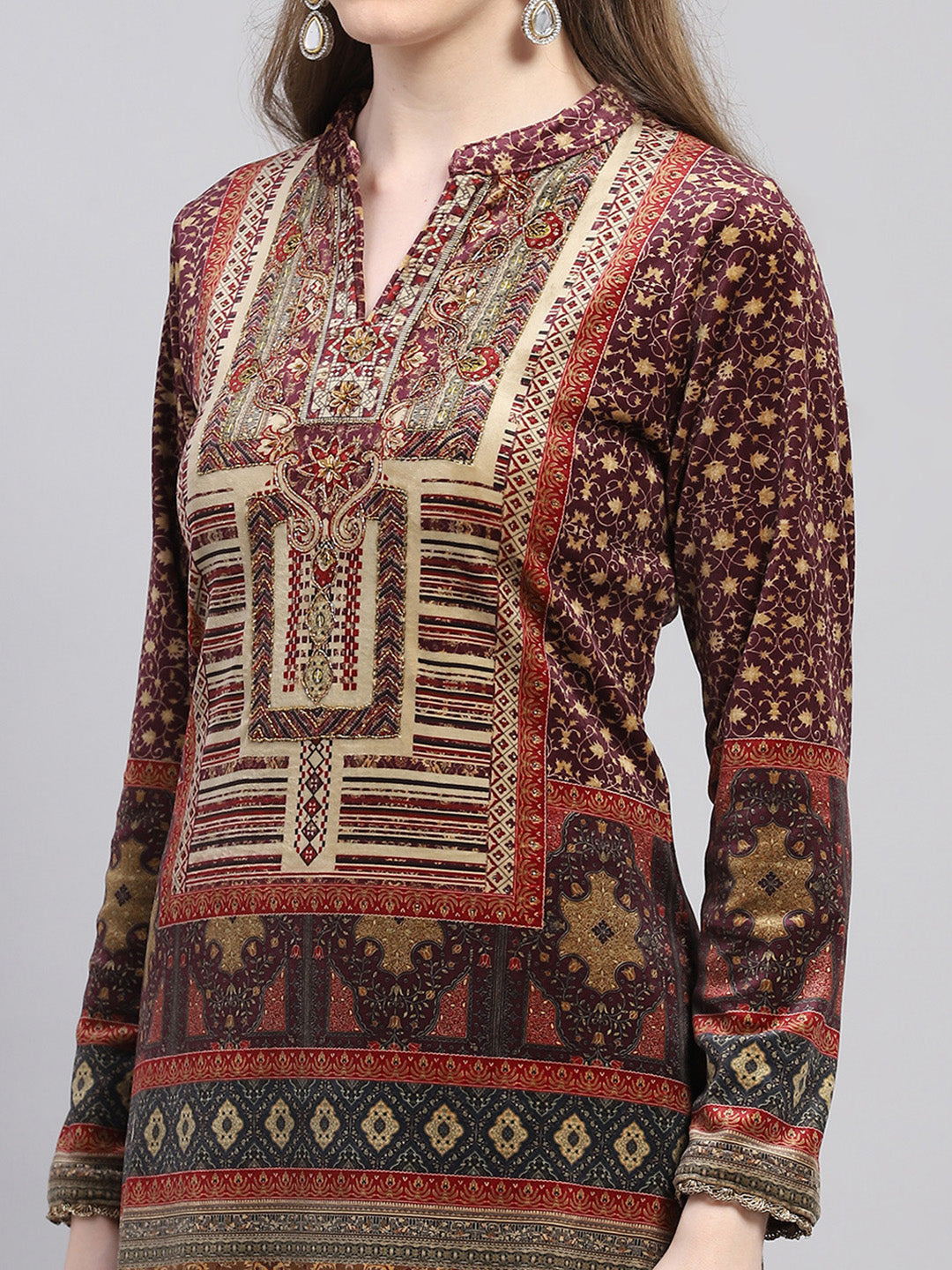 Women Maroon Printed Round Neck Full Sleeve Kurti Set for Winter