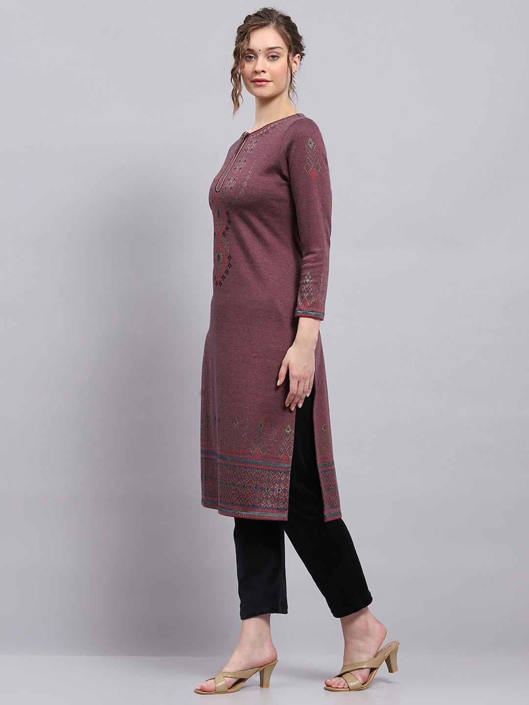 Women Purple Self Design Round Neck 3/4th Sleeve Winter Kurti