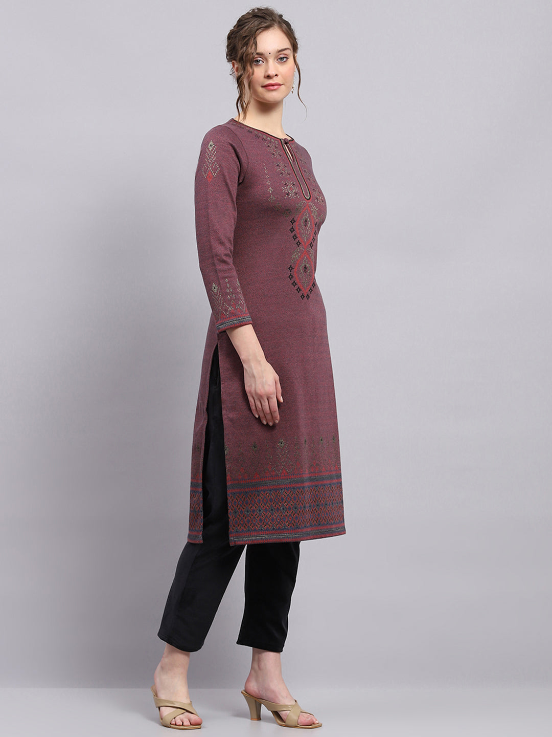 Women Purple Self Design Round Neck 3/4th Sleeve Winter Kurti