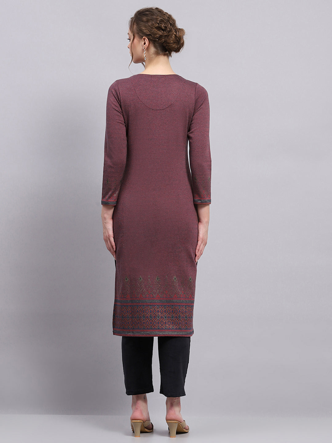 Women Purple Self Design Round Neck 3/4th Sleeve Winter Kurti