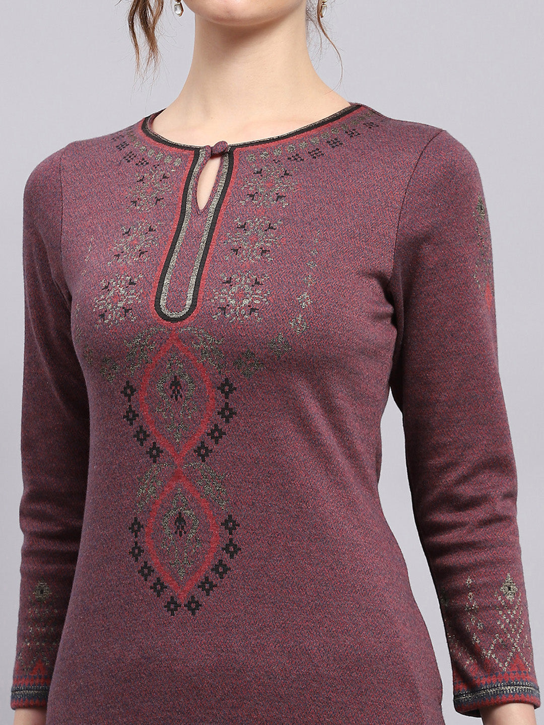 Women Purple Self Design Round Neck 3/4th Sleeve Winter Kurti