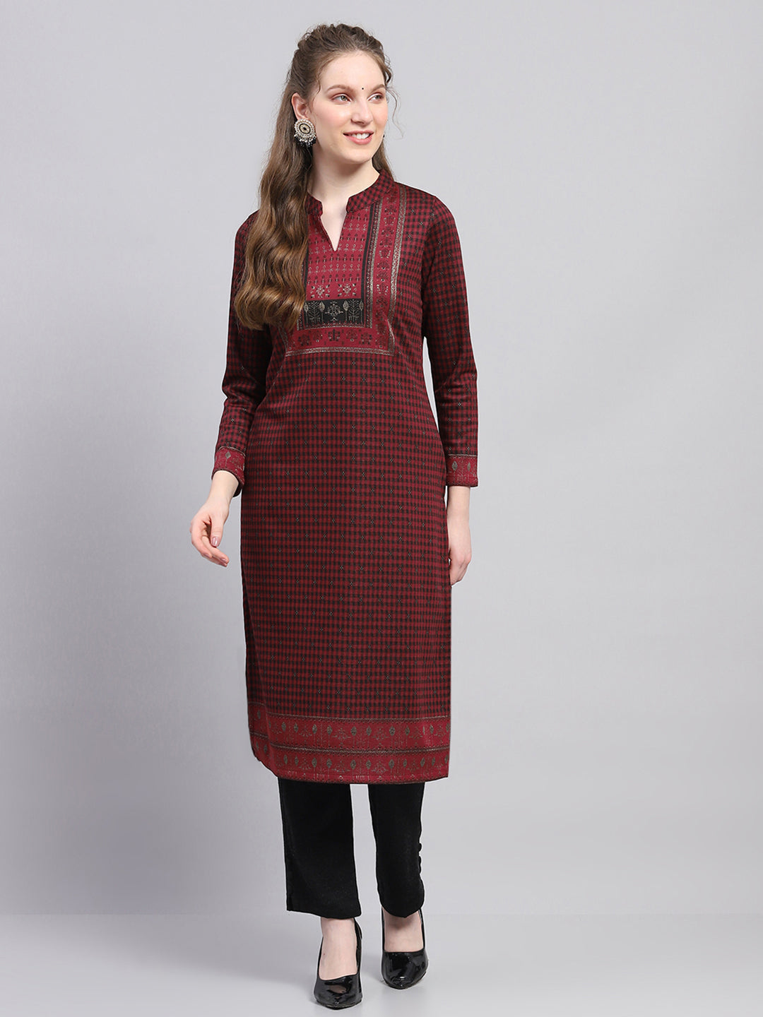 Women Maroon Printed Round Neck Full Sleeve Winter Kurti