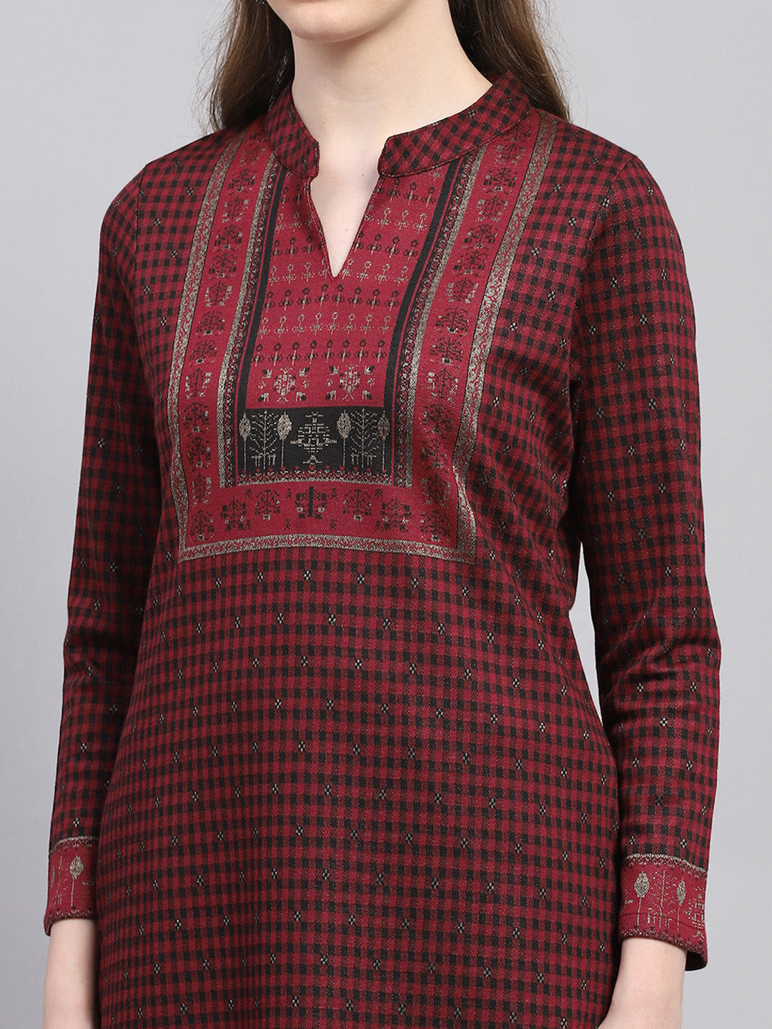 Women Maroon Printed Round Neck Full Sleeve Winter Kurti