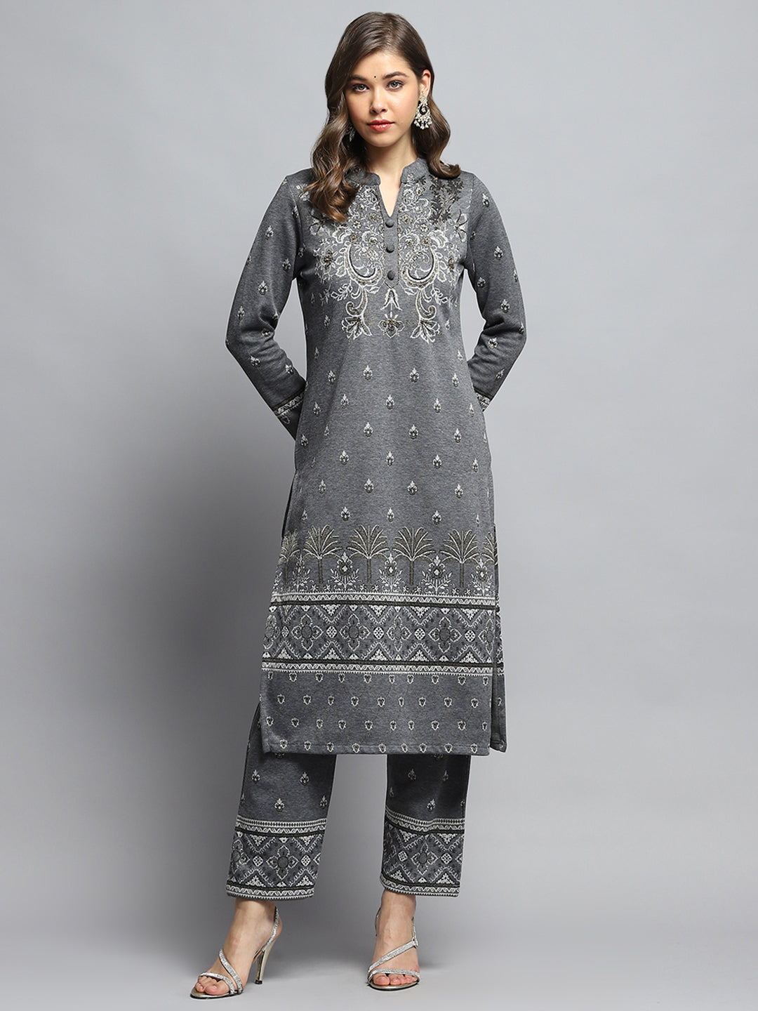 Women Grey Self Design Mandarin Collar Full Sleeve Kurti Set