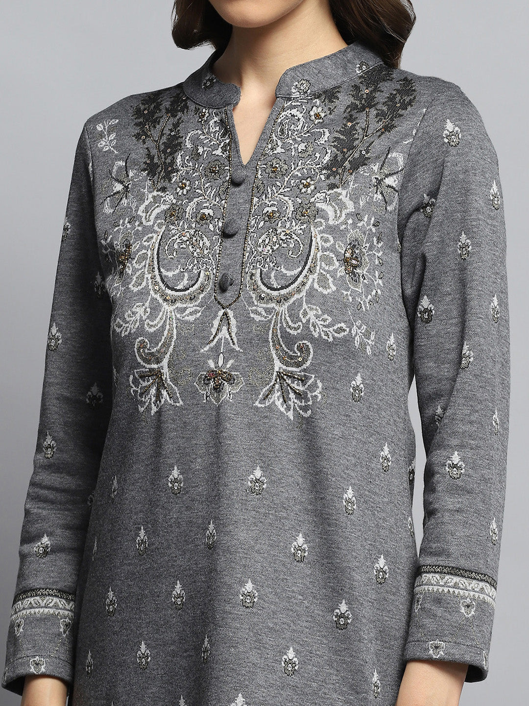 Women Grey Self Design Mandarin Collar Full Sleeve Kurti Set