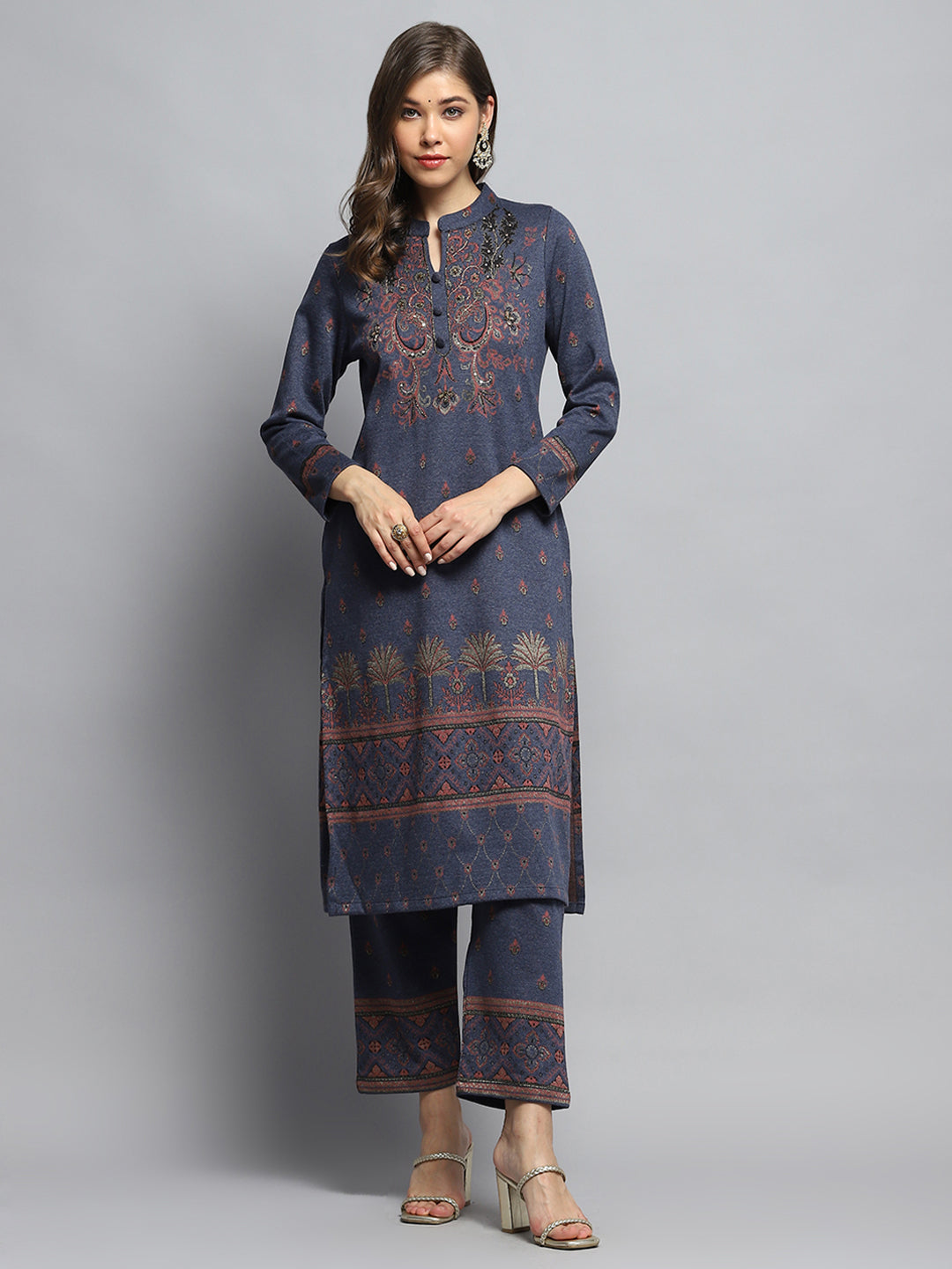 Women Navy Blue Self Design Mandarin Collar Full Sleeve Kurti Set