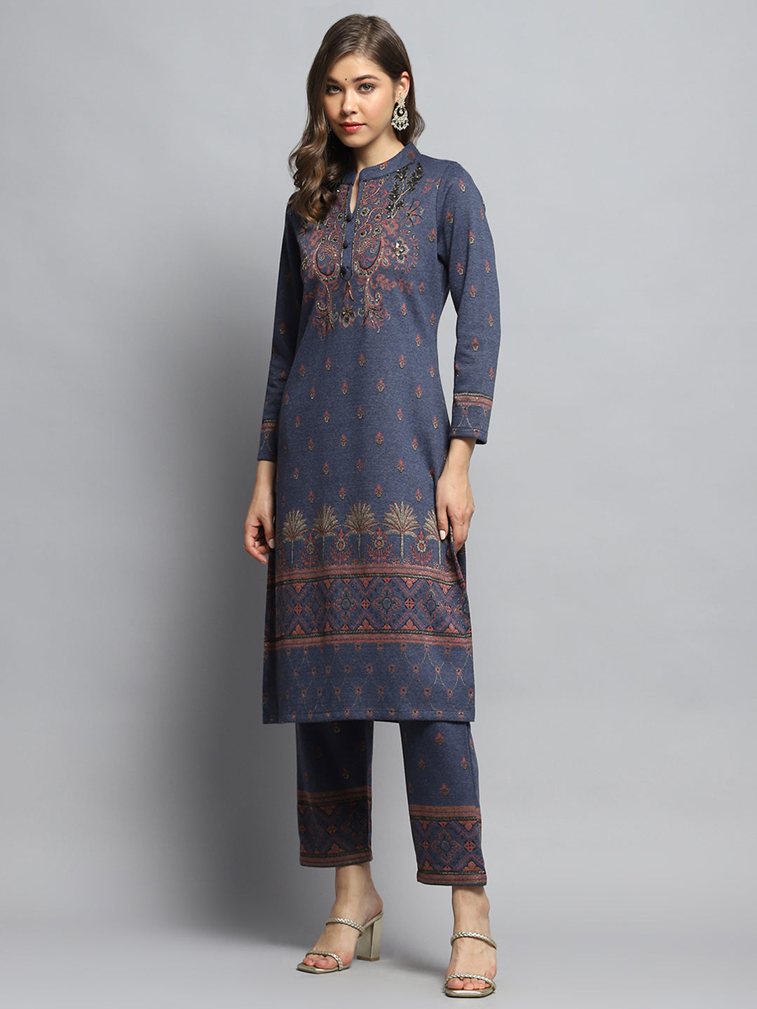 Women Navy Blue Self Design Mandarin Collar Full Sleeve Kurti Set