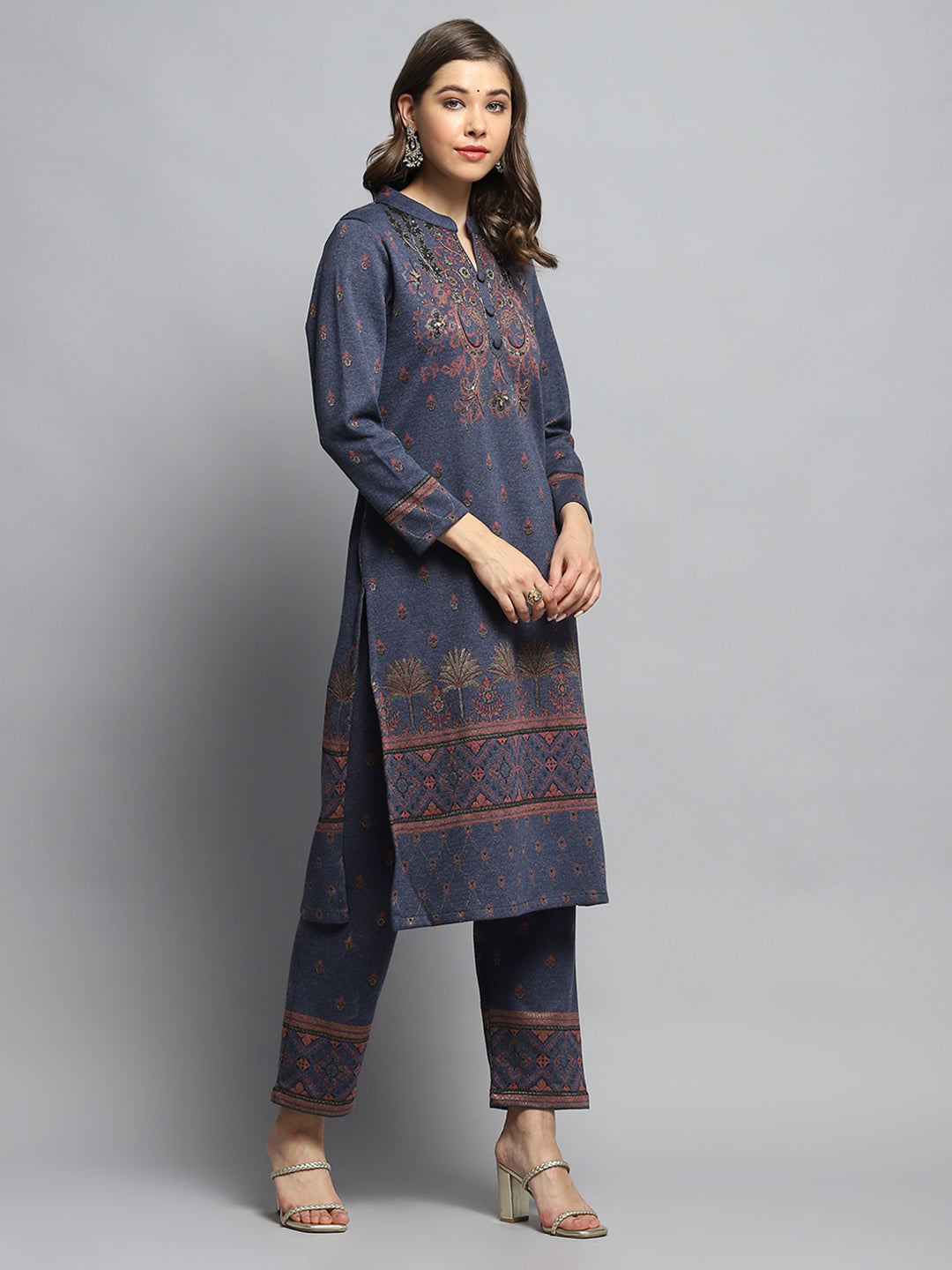 Women Navy Blue Self Design Mandarin Collar Full Sleeve Kurti Set