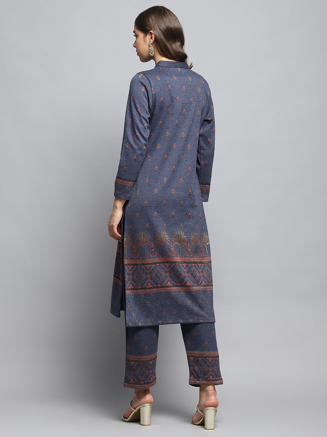 Women Navy Blue Self Design Mandarin Collar Full Sleeve Kurti Set