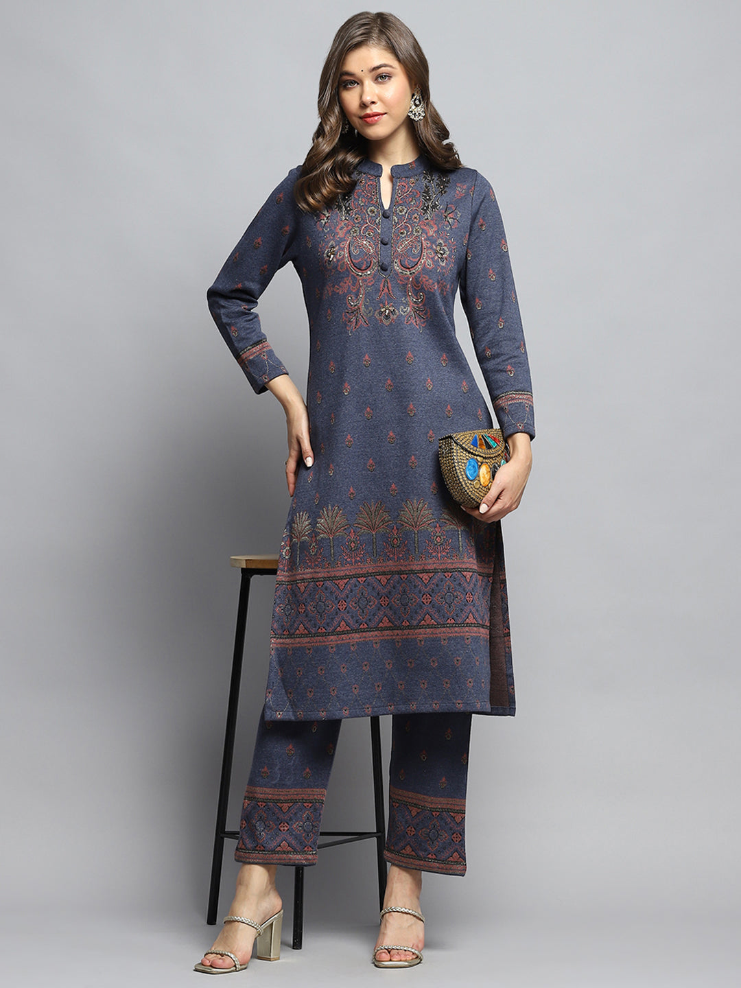 Women Navy Blue Self Design Mandarin Collar Full Sleeve Kurti Set