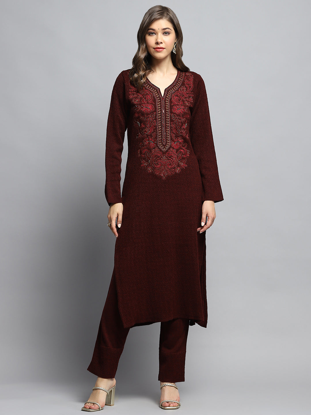 Women Maroon Self Design Round Neck Full Sleeve Kurti Set