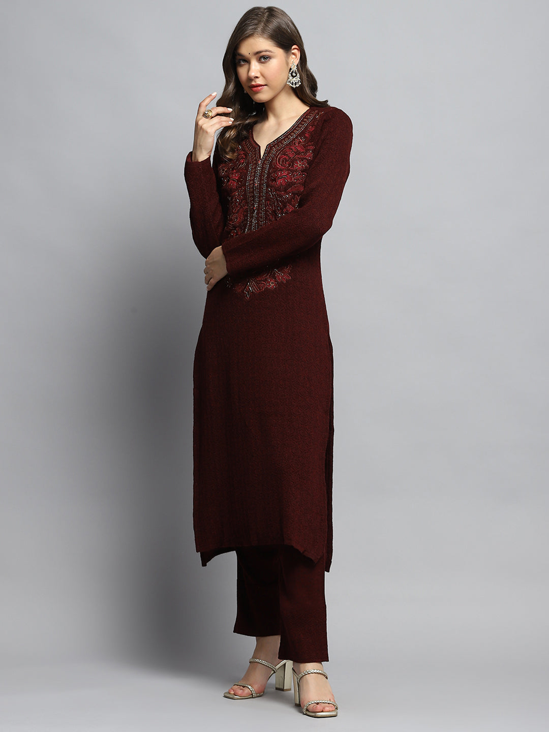 Women Maroon Self Design Round Neck Full Sleeve Kurti Set